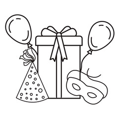gift box with hat party and balloons isolated icon