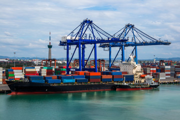 Industrial sea port cargo logistics containers and ship crane in Lamchabang port