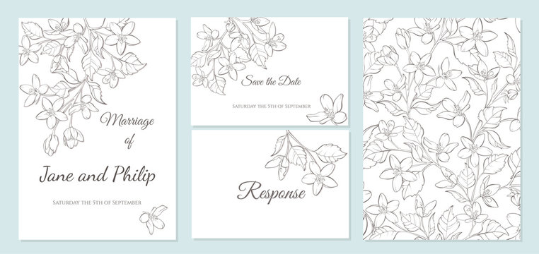 Wedding invitation card template design. Cherry blossom vector flowers on white. Vintage card. Hand-drawn contour lines and strokes.