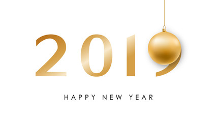 Happy New Year minimalistic banner with shiny Christmas Ball and golden 2019 number. Vector design template.