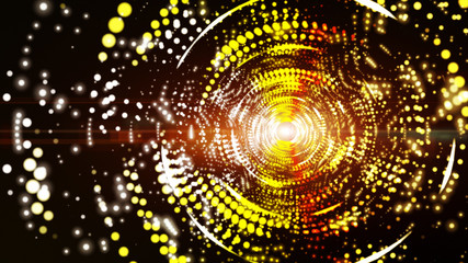 Obraz premium Digital abstract red yellow orange gold glamour tunnel with lights and magic dust particles, background for celebration.