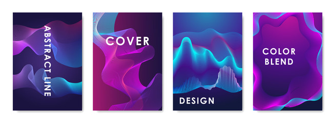 Set of 4 cover designs with abstract gradient shapes. Color flow illustration. Modern design template for covers, posters, flyers, banners, greeting card, booklets and brochures.