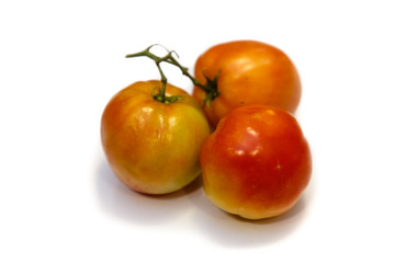 Natural organic tomatoes, green and orange on white background with shadow.