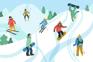 Illustration with young people at mountain resort. Skiing and snowboarding. Winter season vector design.