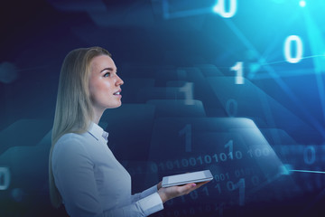 Woman with laptop, digital interface