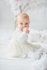 Ten month old newborn baby girl sitting in a wooden bucket