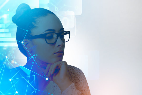 Businesswoman in glasses, network interface