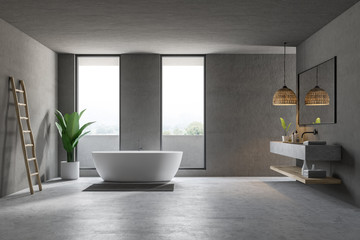 Gray loft bathroom interior, tub and sink