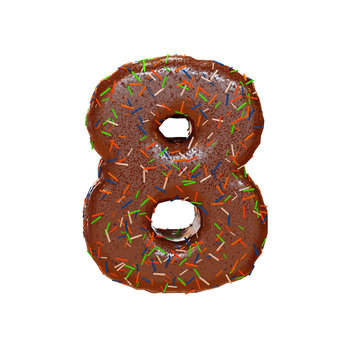 Chocolate Cake Donut Font with colorful sprinkles. Delicious Number 8. 3D render Illustration.