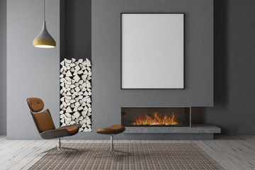 Gray fireplace with brown armchair, poster