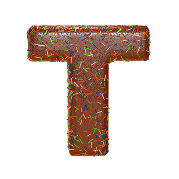 Chocolate Cake Donut Font with colorful sprinkles. Delicious Letter T. 3D Render Illustration.