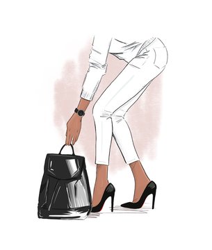 Fashion illustration. Casual look outfit. Woman in white pullover and pants and black high heels takes a bag. Magazine illustration. Blogger fashionable design.