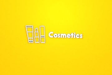 3D illustration of Cosmetics, light blue color and light blue text with yellow background.