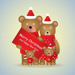Cute cartoon Family of brown bears and gift card for winter season.