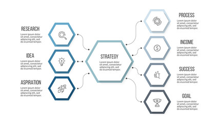Business infographic. Organization chart with 7 options, hexagons. Vector template.