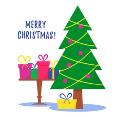 Naklejka premium Merry Christmas card with gifts on the table, lettering and Christmas tree. Vector illustration.