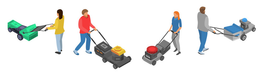 Fototapeta premium Lawnmower icon set. Isometric set of lawnmower vector icons for web design isolated on white background