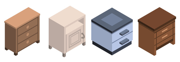 Nightstand furniture icon set. Isometric set of nightstand furniture vector icons for web design isolated on white background