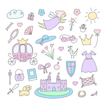Princess doodle set with hand drawn brougham, castle, fairy, magic wand, crown, hat, flowers, dress, sword, shield, shoe, mask and other. Vector illustration in doodle style. Pastel colors.