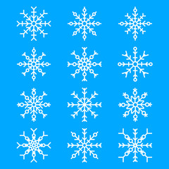 Fototapeta na wymiar Set of twelve snowflakes. Vector illustration on blue background