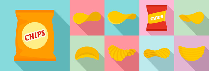 Chips potato icon set. Flat set of chips potato vector icons for web design