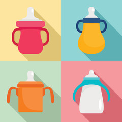 Sippy cup icon set. Flat set of sippy cup vector icons for web design