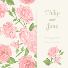 Wedding invitation card template design, bouquets of  rose and leaves with rectangle frame on white background, vintage style. 