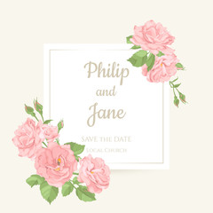 Fototapeta na wymiar Wedding invitation card template design, bouquets of rose and leaves with rectangle frame on white background, vintage style. 
