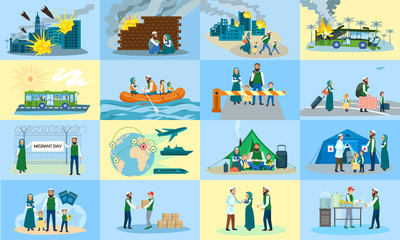 Migrant banner set. Flat illustration of migrant vector banner set for web design