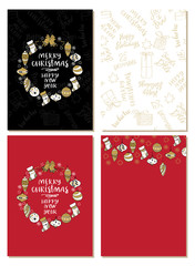 Set of Merry Christmas creative handdrown cards with Christmas toys.