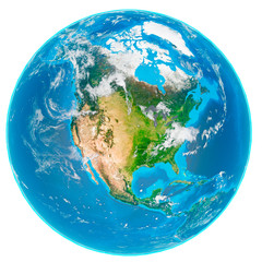3d illustration of our planet Earth without and without clouds isolated on white background. Scenic view of North America continent from space. Elements of this image furnished by NASA.