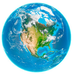 Fototapeta premium 3d illustration of our planet Earth without and without clouds isolated on white background. Scenic view of North America continent from space. Elements of this image furnished by NASA.