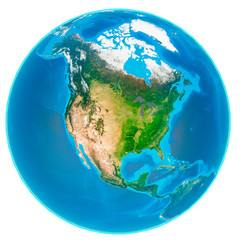 3d illustration of our planet Earth without and without clouds isolated on white background. Scenic view of North America continent from space. Elements of this image furnished by NASA. © Petr Zyuzin