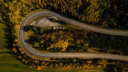 drone photography of an amazing street during autumn in austria, Aerial view on pine forest, road surrounded by trees, Top View of Rural Road