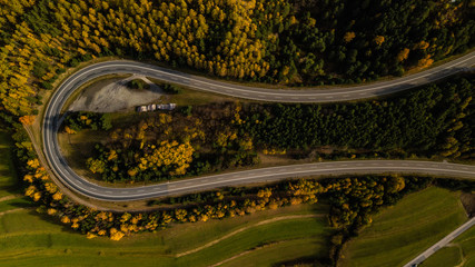 drone photography of an amazing street during autumn in austria, Aerial view on pine forest, road surrounded by trees, Top View of Rural Road