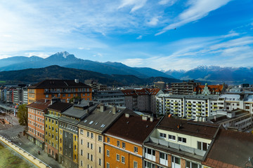 Fototapeta na wymiar over the top of Innsbruck Austria, great view over Innsbruck tyrol, view out of an amazing hotel room, almost arial view over a city in tyrol Austria