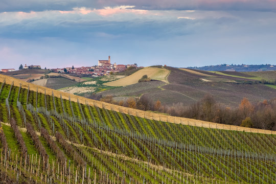 The vineyards in front of the little village of Grana Monferrato, Piedmont, Italy, Europe
