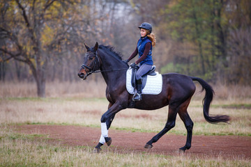 Young rider girl galloping on bay stallion in park