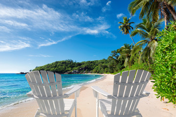 Beautiful sandy beach with beach chairs, palm and turquoise sea on Paradise island.