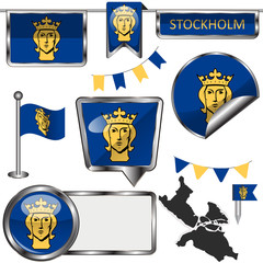 Glossy icons with flag of Stockholm, Sweden
