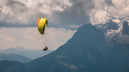 Beautiful alpine view with paraglider at Werfenweng - Salzburg - Austria - obrazy, fototapety, plakaty