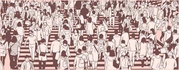Illustration of large city crowd people tourist walking