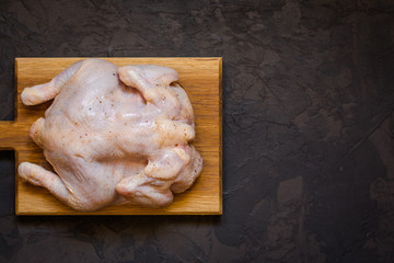 raw chicken - whole roasted chicken (chicken meat). Top view with copy space