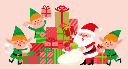 「サンタクロースと妖精とクリスマスのプレゼント」ベクター素材