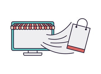 computer screen with tent and shopping bag