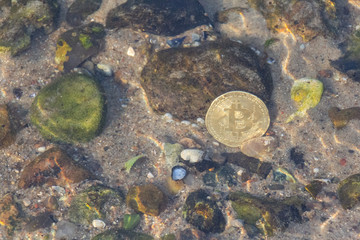 Bitcoin Münze Unter Wasser Am Meer Mit Steinen