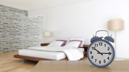 illustration 3D analog alarm clock on side table in large luxury modern bright, Time of day, interiors room  rendering computer generated image not photos and not private property