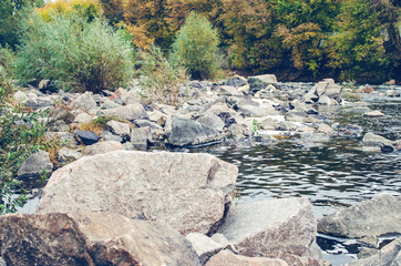 Stone blocks in a river surrounded by trees
