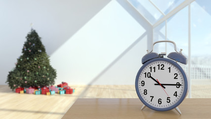 illustration 3D analog alarm clock on side table in large luxury modern bright, Time of day, interiors room  rendering computer generated image not photos and not private property