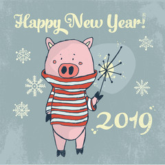 Vector cartoon style illustration of pig in stripe sweater with bright sparkler. Happy New Year vintage postcard.